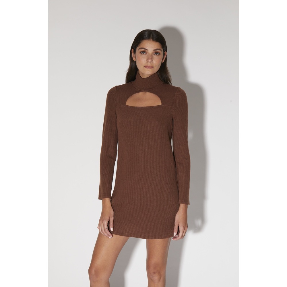 Walter Baker Ribbed Cutout Mini Harlow Dress Womens XS Brown Mock Neck Long‎ Slv